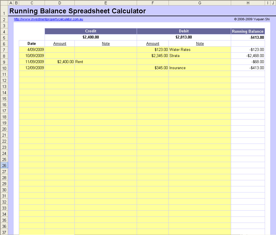 Free Running Balance Spreadsheet Calculator